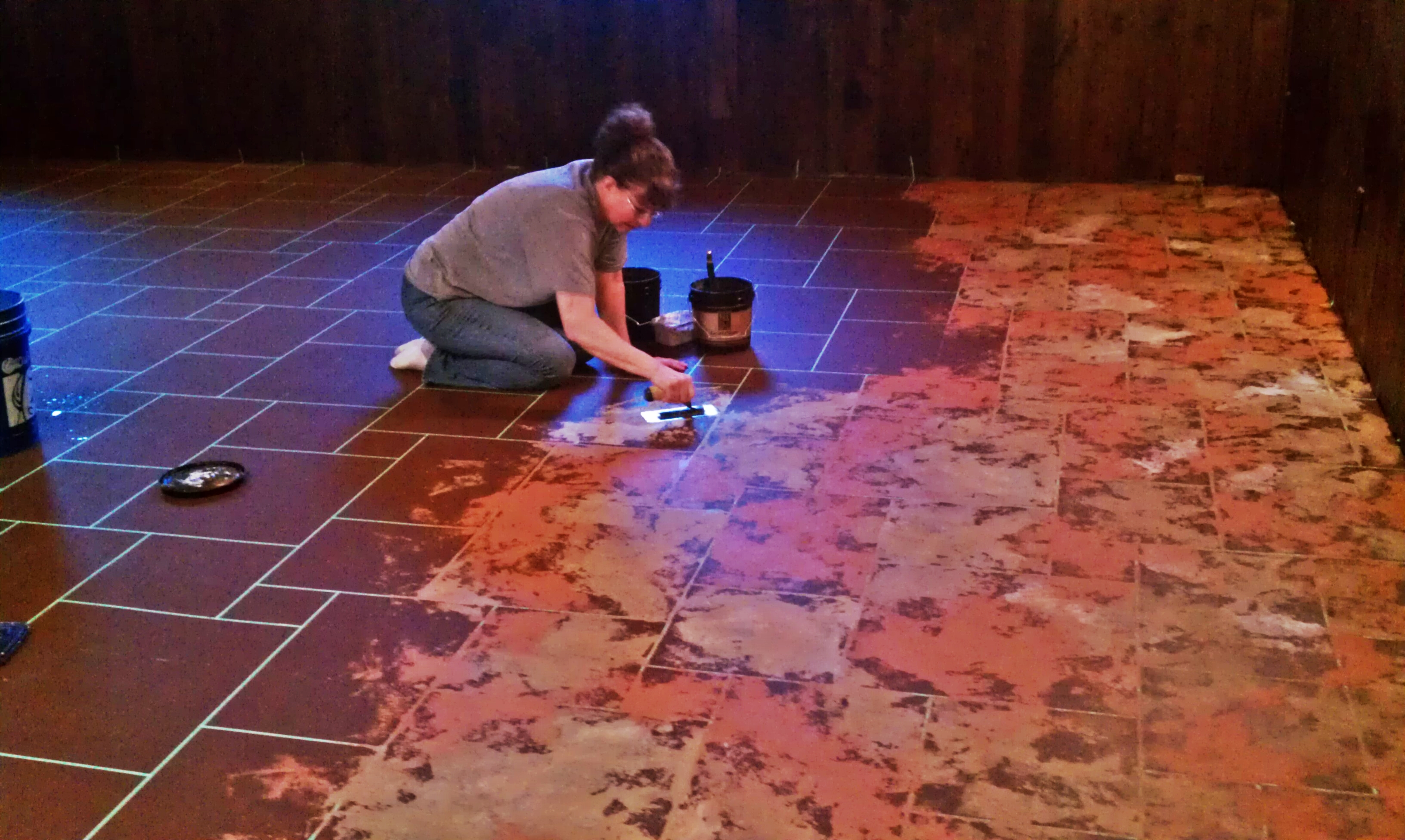 Brenda working on faux floor tiles.
