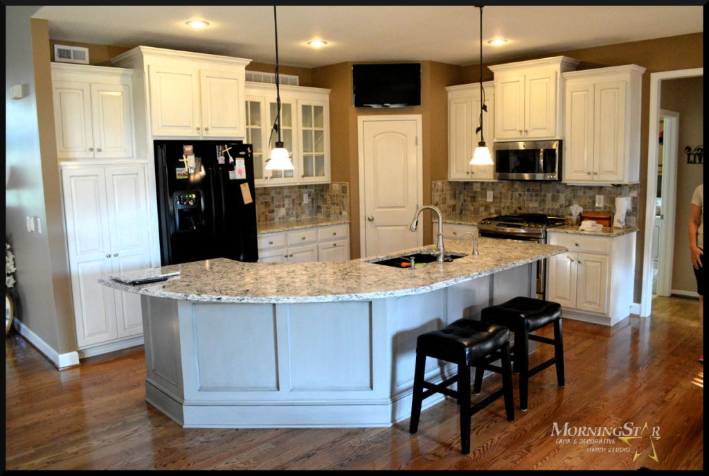 Kansas City kitchen cabinet, island and pantry door refinished by MorningStar